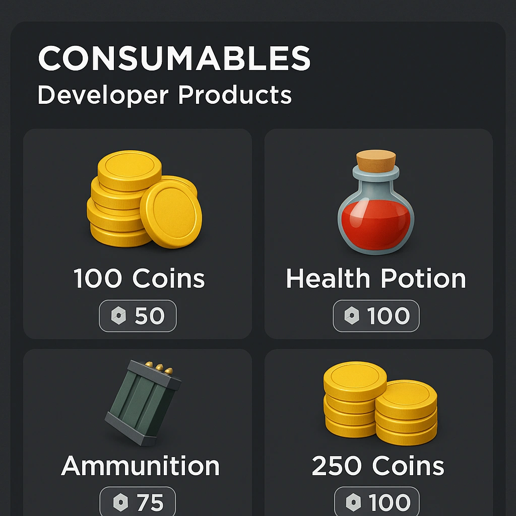 Developer Products interface showing consumable items like currency, health potions, and ammunition