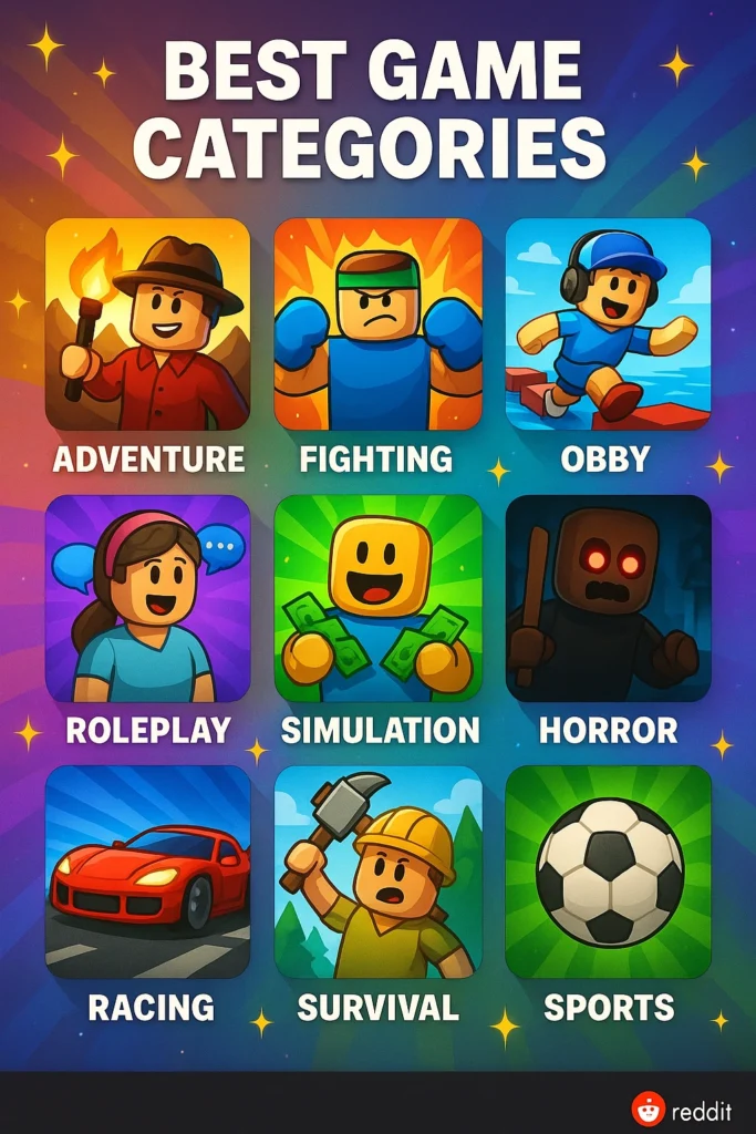 Award categories showcase with various Roblox game