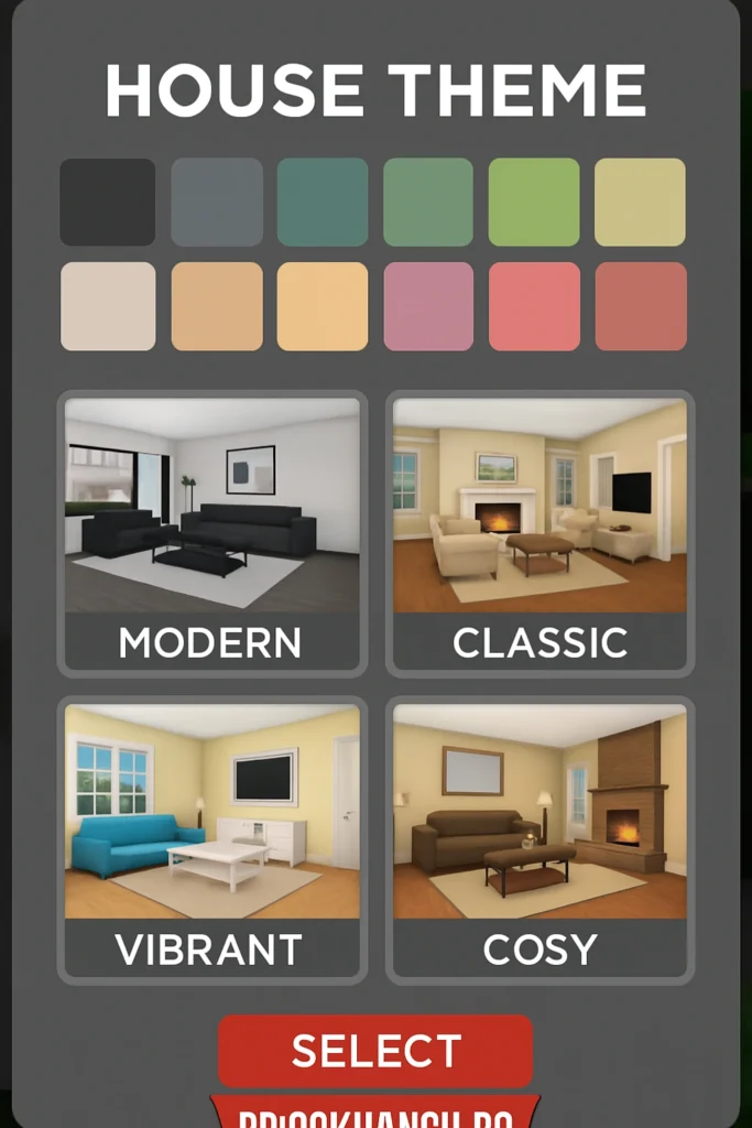 Brookhaven RP house theme selection showing various decoration styles and color options