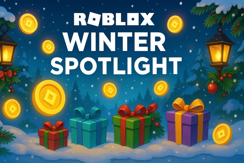 Roblox Winter Spotlight event banner featuring festive elements