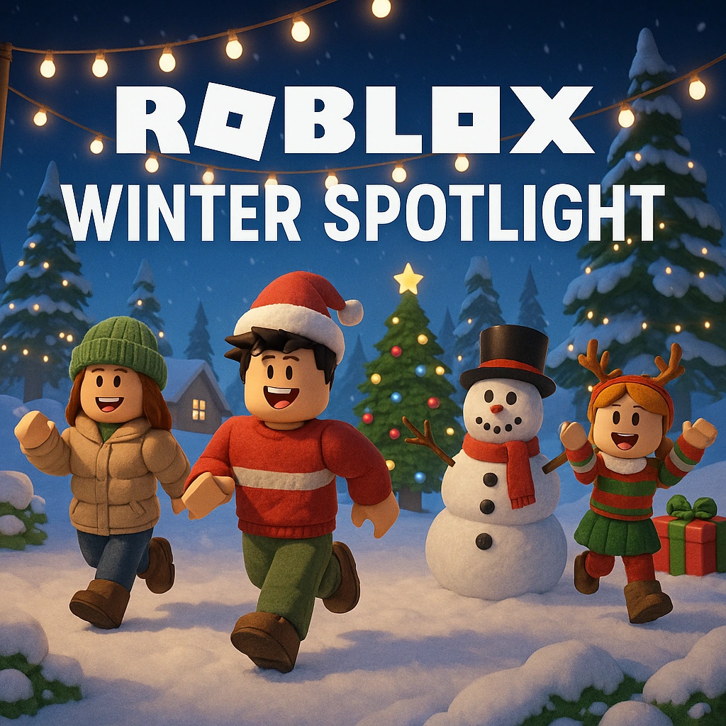 Roblox Winter Spotlight event hub featuring festive winter celebrations and snow effects