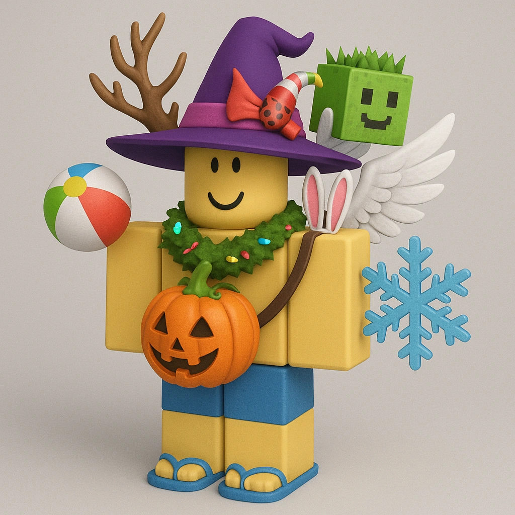 Roblox character showcasing different seasonal event rewards and promo code items