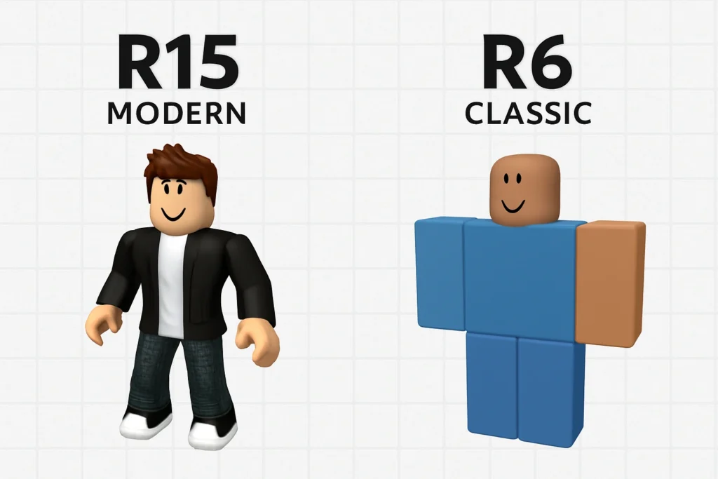 Comparison chart showing R15 vs R6 avatar body types
