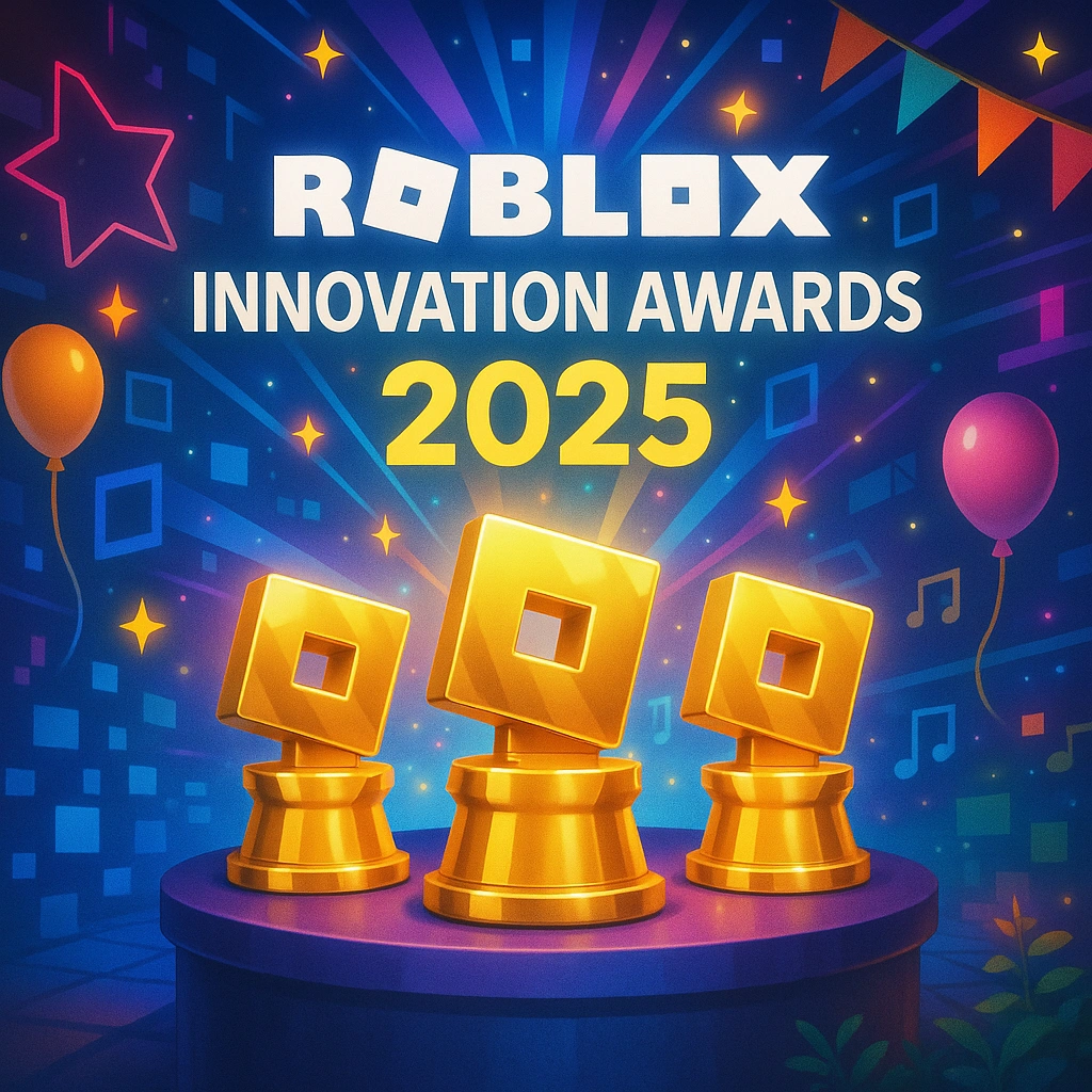 Roblox Innovation Awards 2025 main banner with trophy and gaming elements

