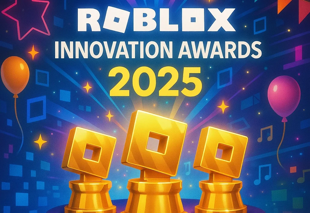 Roblox Innovation Awards 2025 main banner with trophy and gaming elements