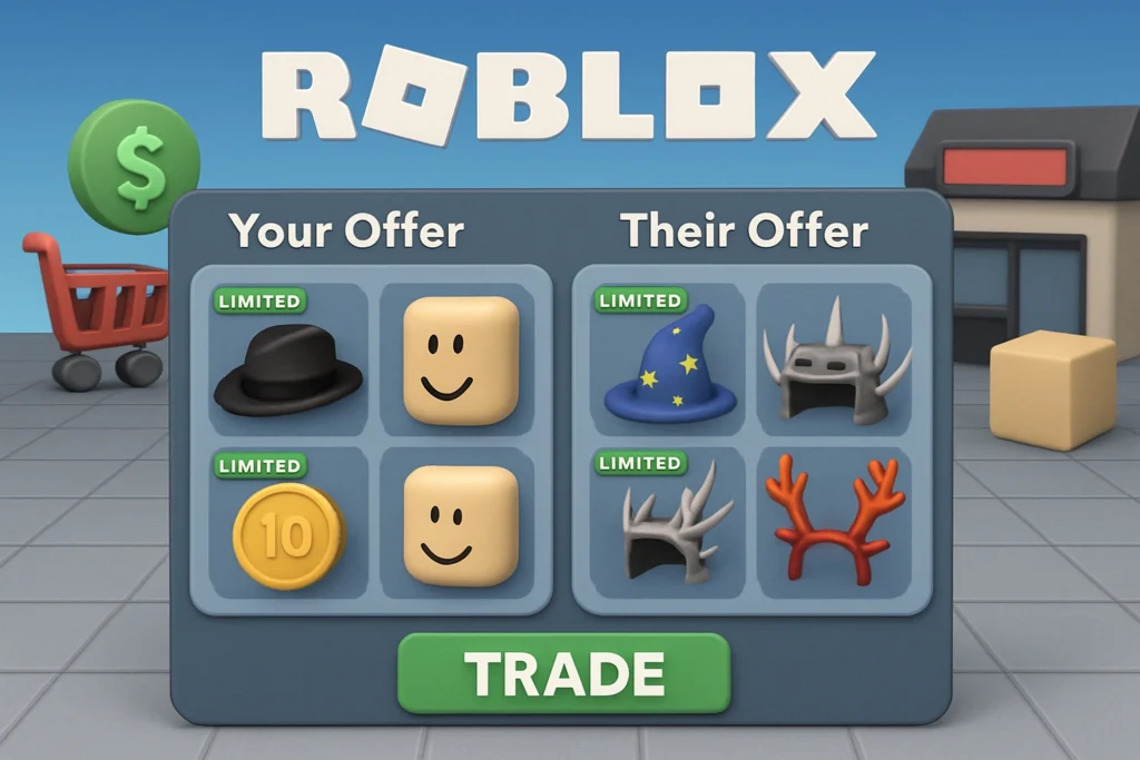 Roblox trading system showing limited items and virtual marketplace