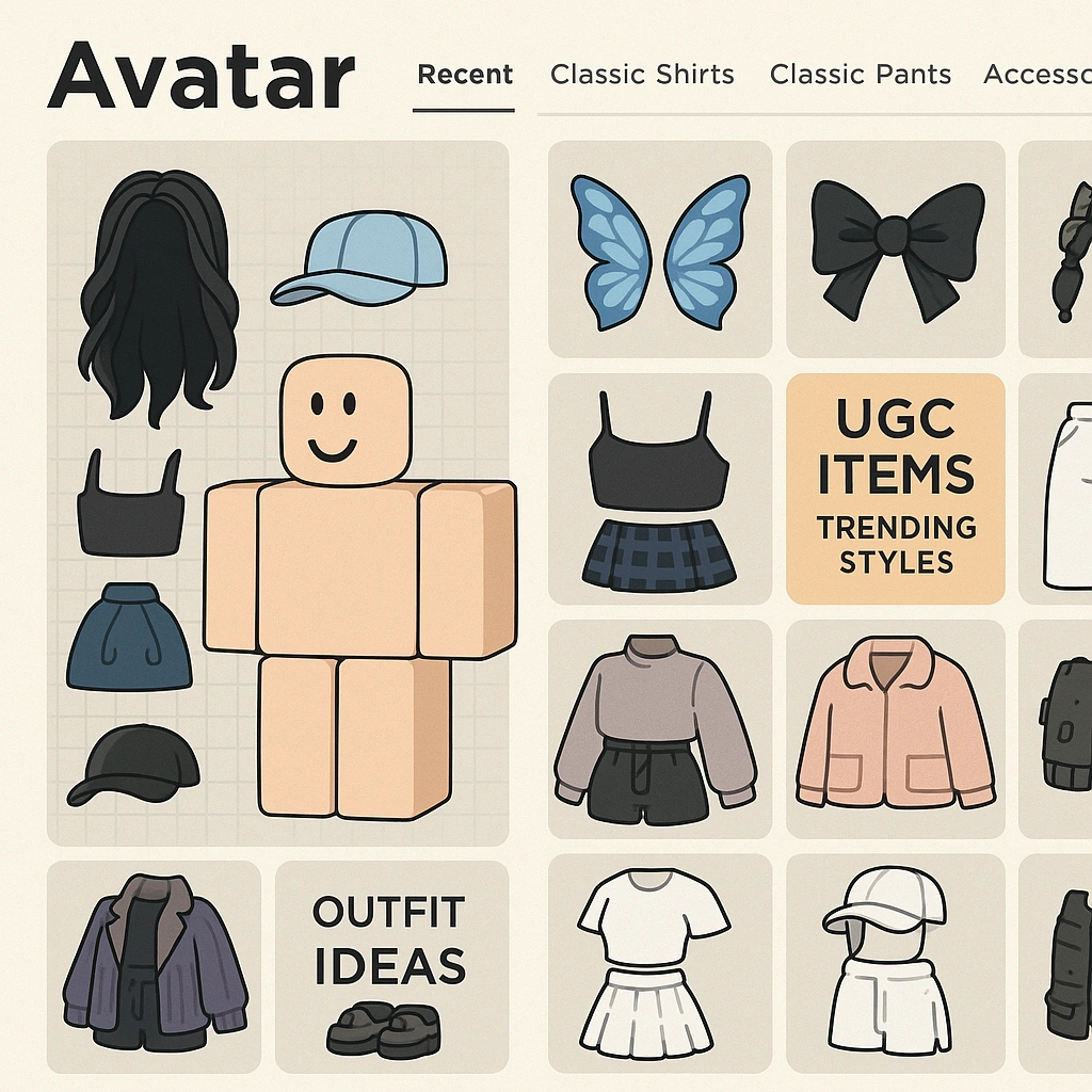 Roblox avatar customization showcase featuring UGC items, trending styles and outfit ideas