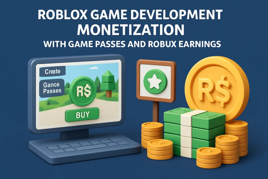 Game development monetization showing game passes and Robux earnings