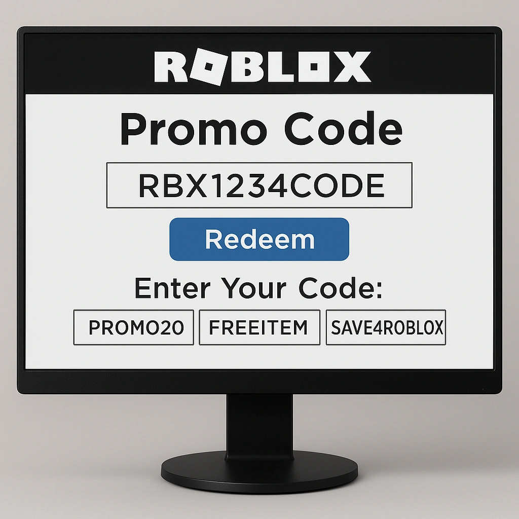 Step-by-step visual guide showing Roblox promo code redemption interface on computer screen
