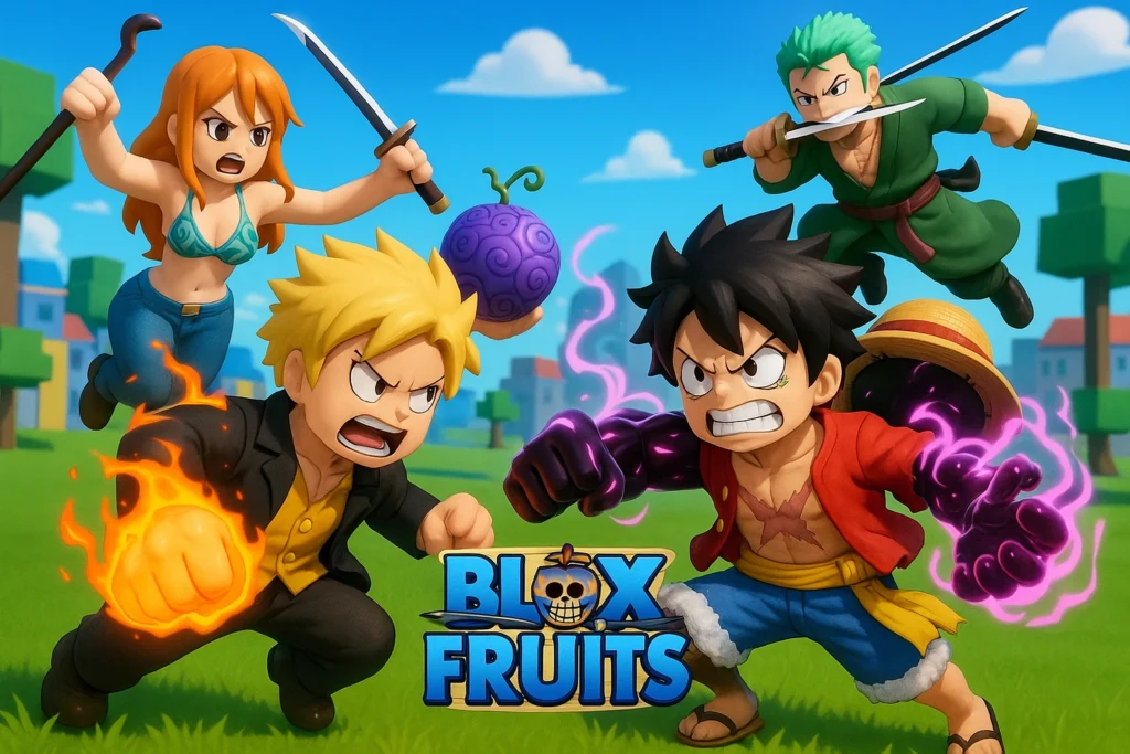 Blox Fruits gameplay showing One Piece inspired action and devil fruit powers
