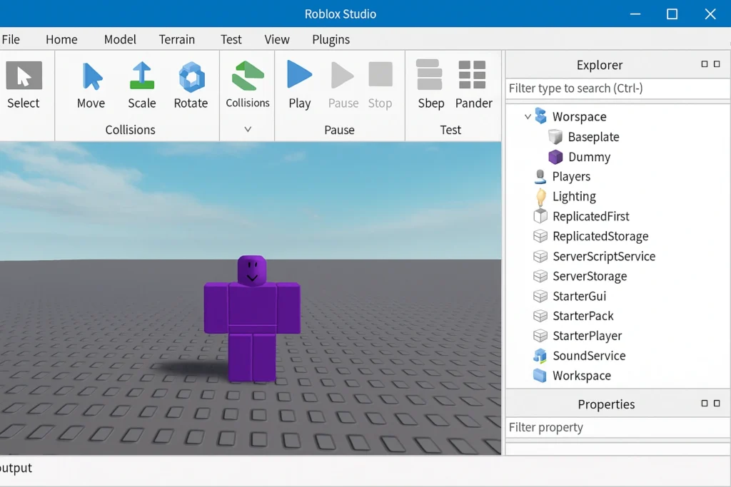 Roblox Studio interface showing the main workspace and tools for game development