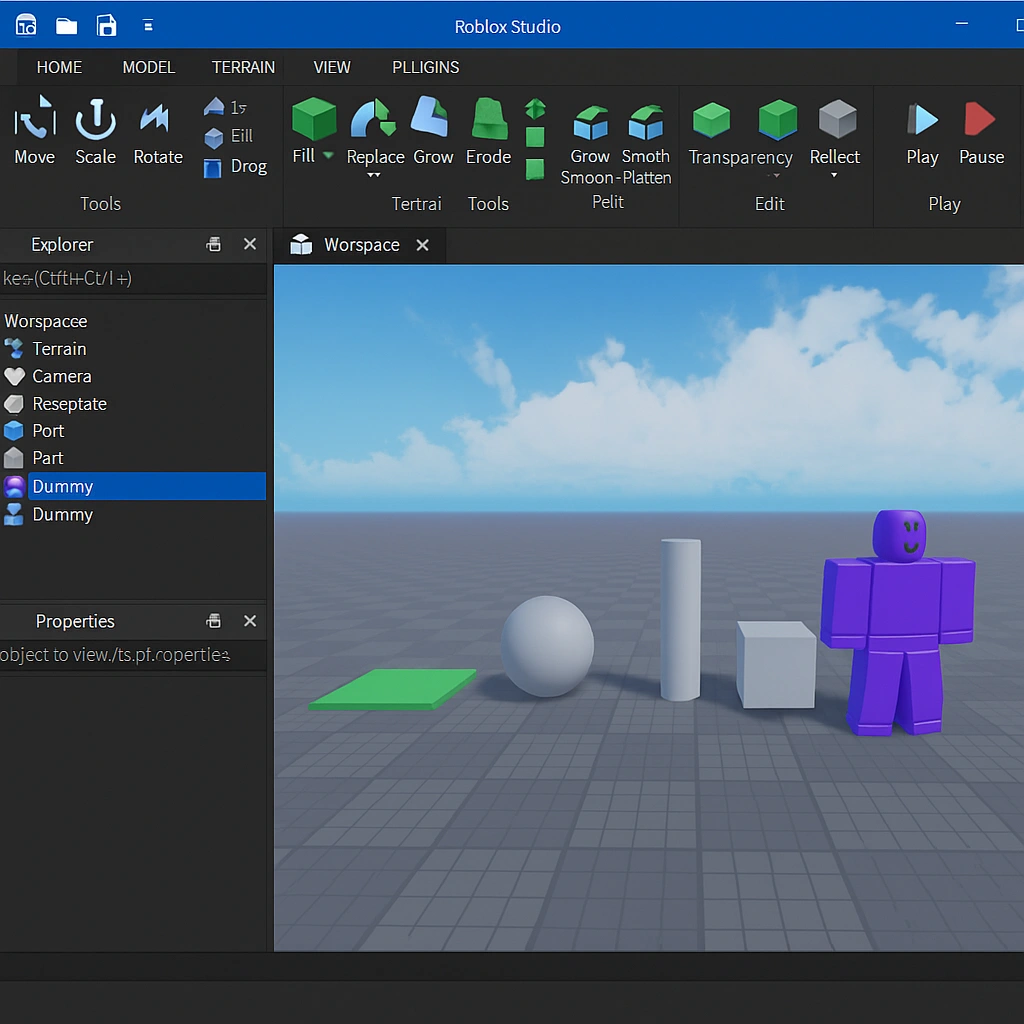 Roblox Studio workspace showing basic 3D building elements and terrain tools