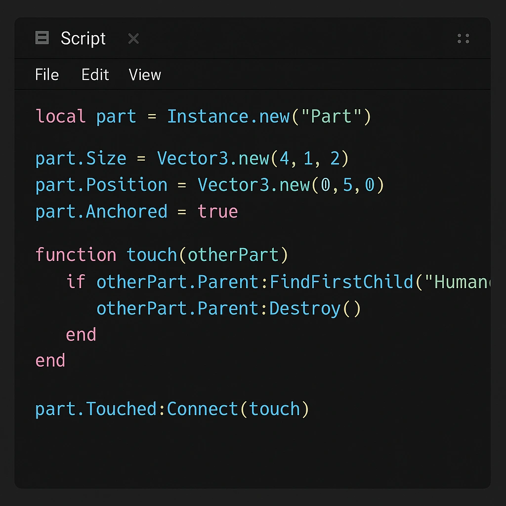 Roblox Studio script editor showing Luau programming code with syntax highlighting