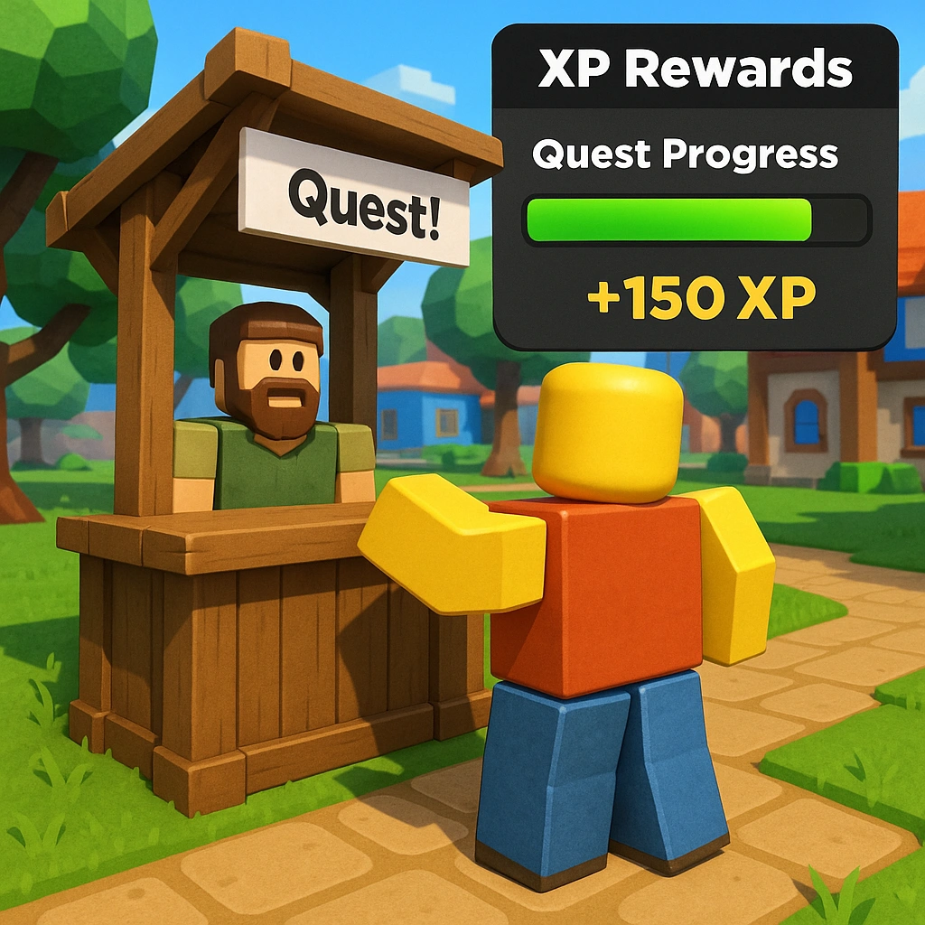 Roblox RPG character completing daily quest showing progress tracking and XP rewards