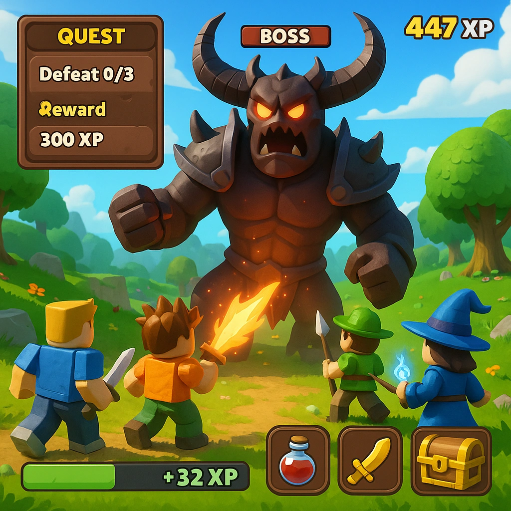 Epic boss battle in Roblox RPG showing repeatable quest rewards and XP progression system