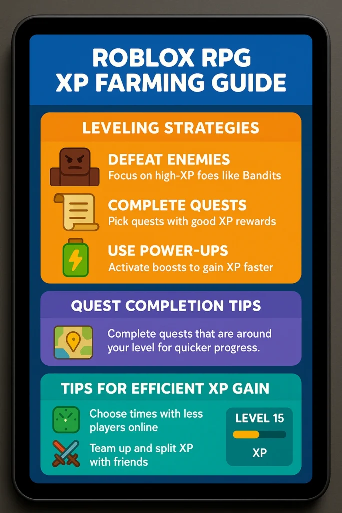 Comprehensive XP farming guide for Roblox RPGs showing multiple leveling strategies and optimization tips